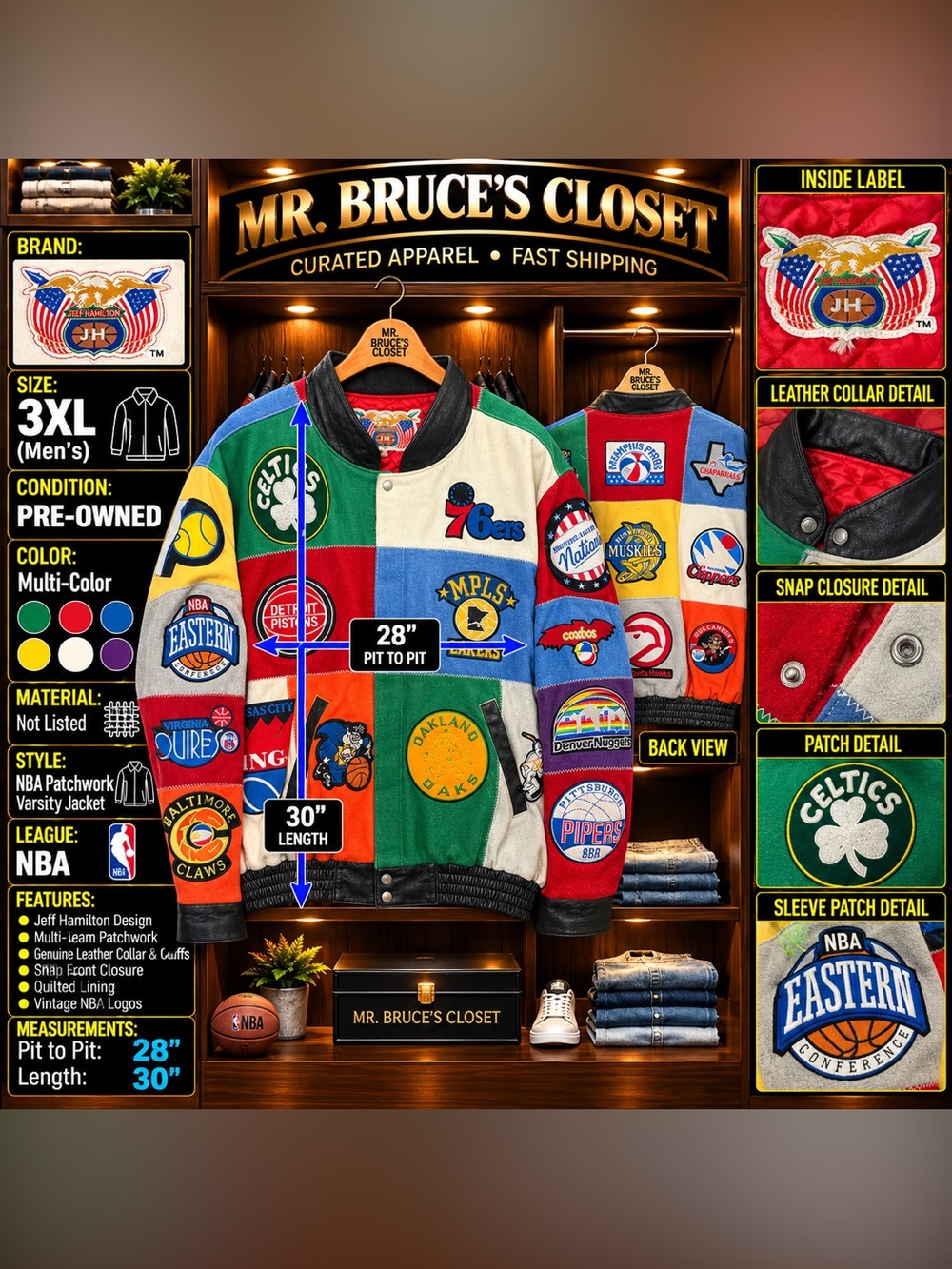 Jeff Hamilton NBA Hardwood Classics Patchwork Jacket Men's 3XL Vintage
